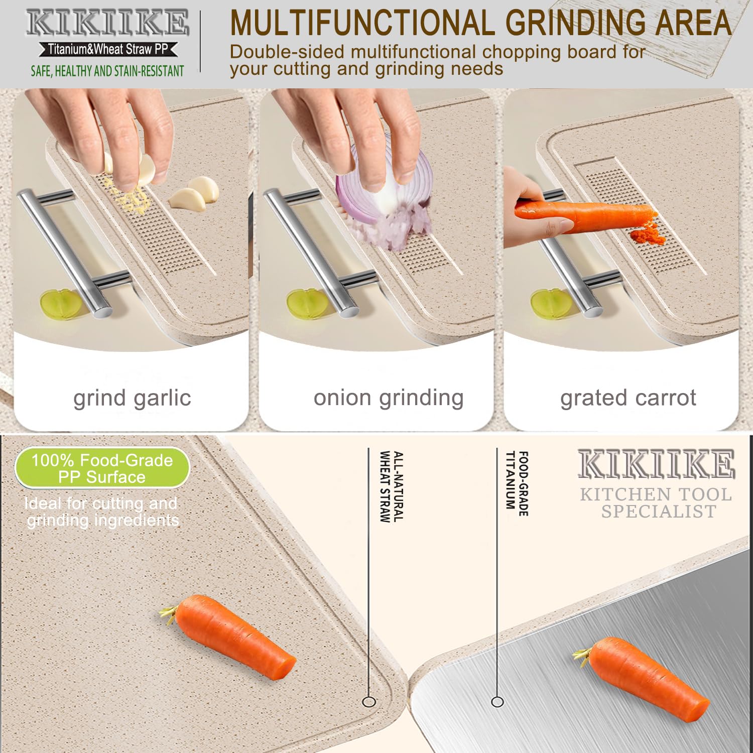 Titan-Schneidebrett, doppelseitig, reines Titan, Schneidebretter für Küche, reines Titan und Weizenstroh, PP, lebensmittelechtes Metall, leicht zu reinigen, große Größe